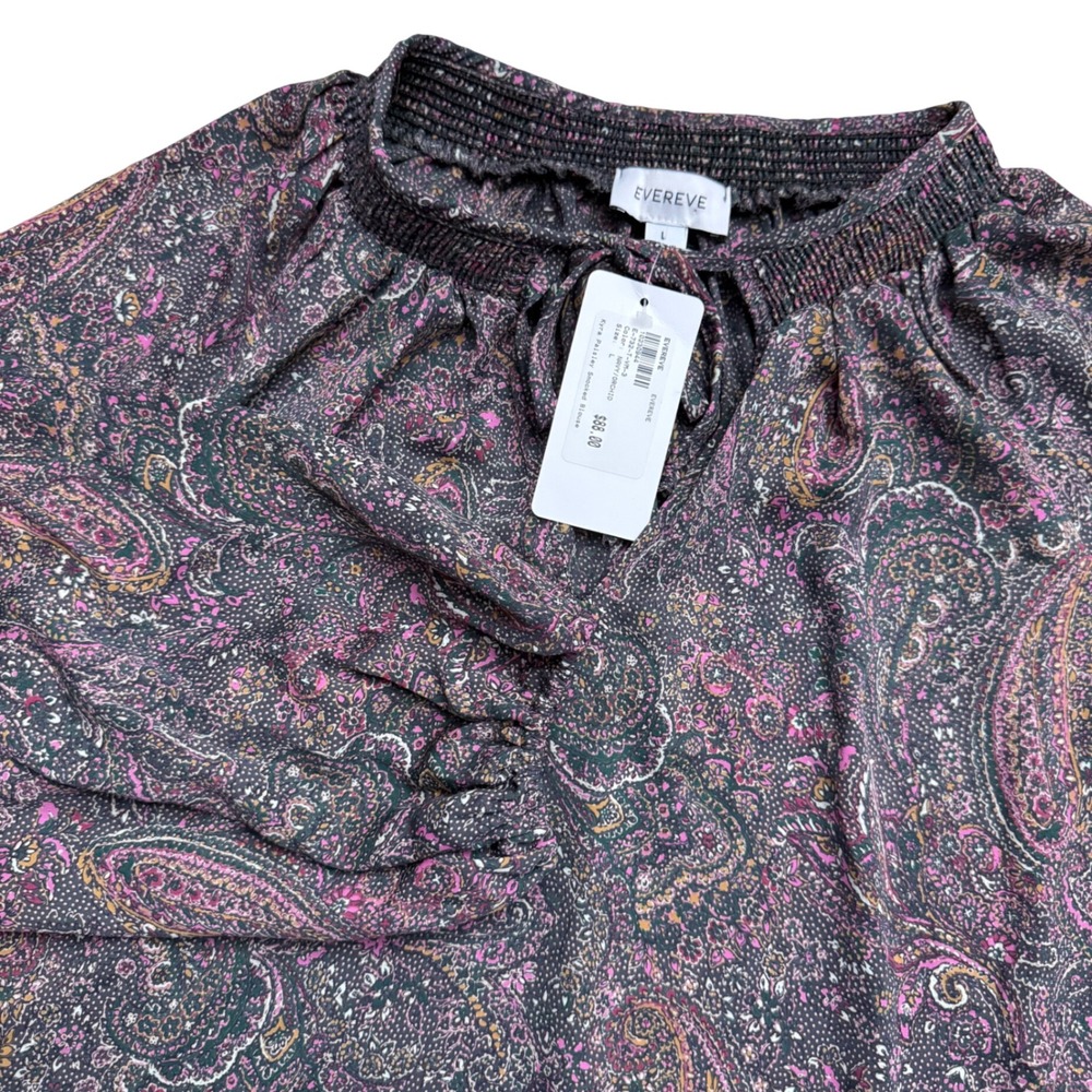 Evereve Paisley Blouse Smocked Neck Long Sleeve Top Navy Orchid L